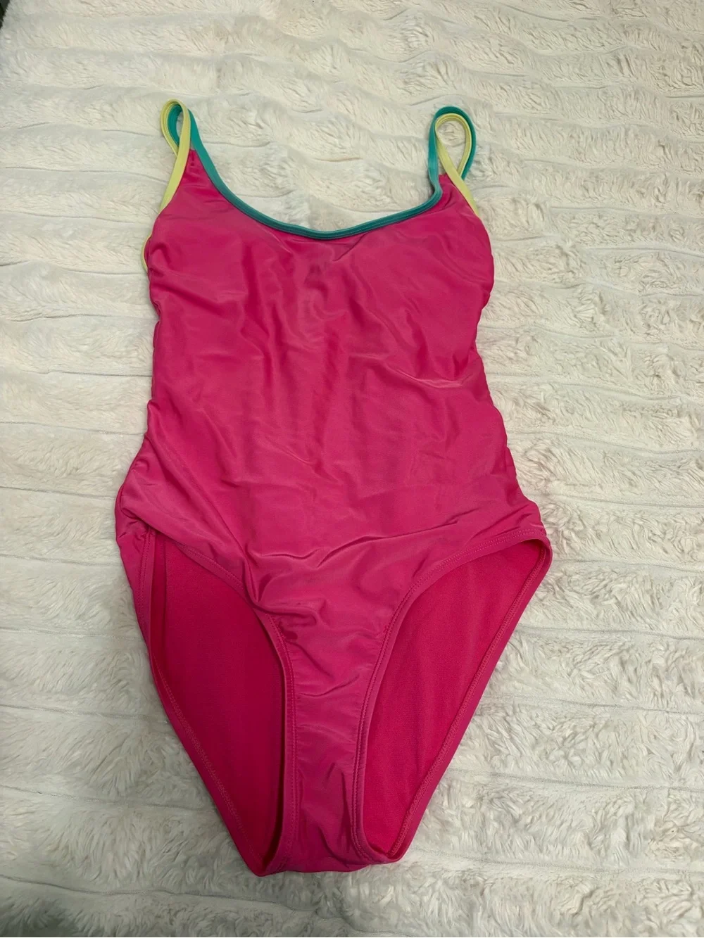 No Boundaries Pink One-Piece Swimsuit with Green & Yellow Trim